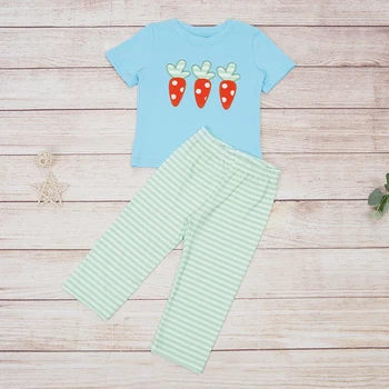 1-8T Letné Baby Boy Obleky S Karikatúra Mrkva Výšivky Modrá Krátky Rukáv+Zelené Kockované Nohavice Bežné Boutique Teplé Oblečenie