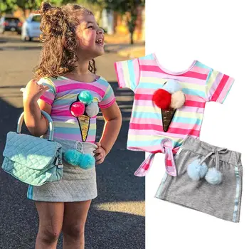 2 KS Detské Oblečenie Sady Batoľa Rainbow Prekladané Princezná Topy Deti T-shirt Dievča Mini Sukne Oblečenie, detské Odevy