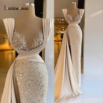 2022 Elegantné Šampanské Sequin Lesk Večerné Šaty Dlhé Vestidos Sexy Party Club Luxusné Jedinečné Šaty župan de soiree
