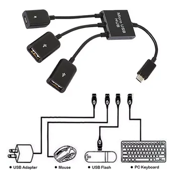 3in1 Micro USB / Typ C Do 2 OTG 3 Port HUB Kábel Rozdeľovača Micro-USB Typ-C Adaptér Converter Pre Tablet Android Myši, Klávesnice