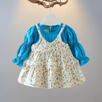 Baby Girl Dress Jar Jeseň Roztomilý Kvetinový Falošné Dva Kusy Dieťa Šaty Batoľa Dievčatá Oblečenie 1 Rok Narodeninovej Party Šaty y46