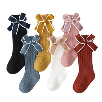 Batoľa Detský Dievčatá Ponožky Pure Color Roztomilý Patchwork Bowknot Rebrovaný Ponožky Deti Jeseň Zima Jar Bežné Pančuchy