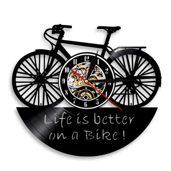 Bicykel Cyklus Design nástenné hodiny Života Je Lepšie Na Bicykli, Vintage Vinyl Nástenné Hodiny s Svetelné LED Svetlo Wall Art Darček
