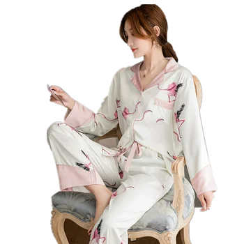 Biele Ružové Plameniaky Tlač Hodváb Pyžamá pre Ženy Módnych Domov Vyhovovali Jar Sleepwear
