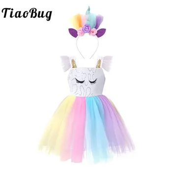 Deti, Dievčatá, Lesklé Flitre Rainbow Farebné Oka Princezná Šaty s Karikatúra Horn Kvet Vlasy Hoop Halloween Víla Cosplay Kostým