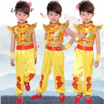 Deti s výkonom kostýmy Čínsky vietor bojových umení výkon oblečenie mš bubny tanečné šaty