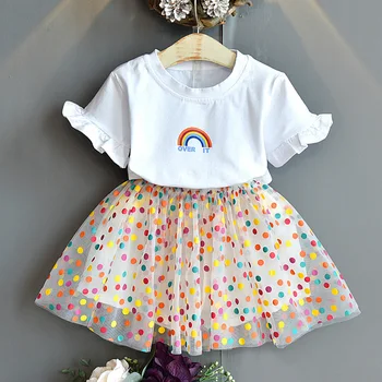 Dievčatá Oblečenie Sady Letných Nový Detí Vytlačené Dúha-Krátke Rukávy T-Košele A Sukne Suit Baby Girl Šaty