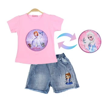 Disney Dievča Sady Mrazené Letné Džínsy + T-shirt Flitrami Zmeniť Grafické Flitrami Elsa Sofia Princess Bavlna Detí Dva Kusy