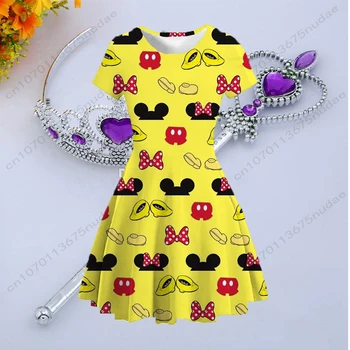 Disney Mickey a Minnie Princezná Šaty Letné Nové detské Oblečenie Tlač Roztomilej Príležitostné Okrúhlym Výstrihom, Krátky Rukáv Šaty