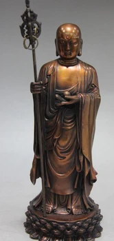 Doprava zadarmo Čínsky Budhizmus Stojí lotus Červená Meď, Bronz Jizo Rohan Mních Sochu Budhu 25 cm