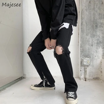 Džínsy Mužov Pevné, Elegantné Trendy Voľný čas Otvory na Zips, Bočné-štrbinové Harajuku High Street v Pohode Streetwear Hip Hop Navrhnuté S-3XL Retro Doplnky