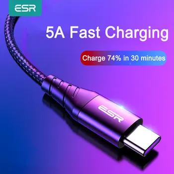 ESR 5A USB Typu C, Kábel 1m Rýchle Nabíjanie Typ-C Kábel pre Huawei P30 P40 Xiao mi 11 Redmi Poznámka 10 Samsung USB C Kábel Pletená