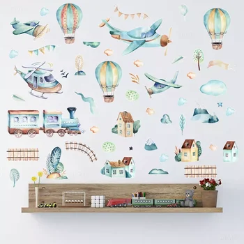 Farby Akvarelové Cartoon Lietadlo, Vlak Samolepky na Stenu teplovzdušný Balón Samolepky pre Deti Detská Izba Dekorácie Stenu