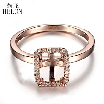 HELON Pevné 10K Rose Gold Real Halo Diamanty Jemné Šperky Semi Mount Zásnubný Prsteň Nastavenie Fit Vankúš Rez 8x6mm na 9x7mm