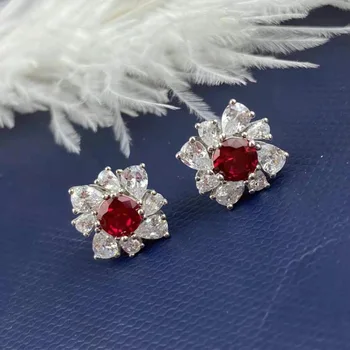 Hot Predaj Trendy Red Crystal Kvet 925 Silver Needle Dámy Stud Náušnice Veľkoobchod Šperky Pre Ženy, Žiadne Alergické