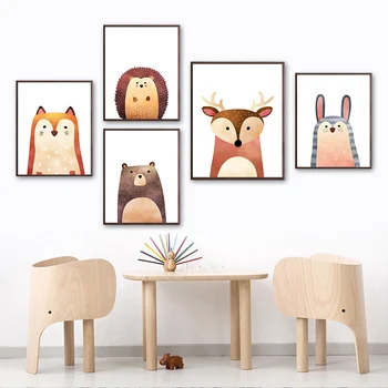 Kawaii Fox Ježko Medveď, Jeleň Bunny Wall Art Plátno Na Maľovanie Nordic Plagáty A Vytlačí Na Stenu Obrázky Deti Detská Izba Decor