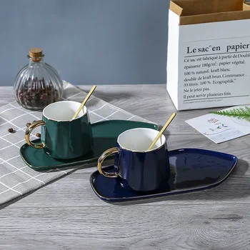 Kreatívne Luxusné Keramické Kávové Hrnčeky Poháre s Tanier a Lyžicu Zelená Modrá Raňajky Pohár Čaju Hrnček