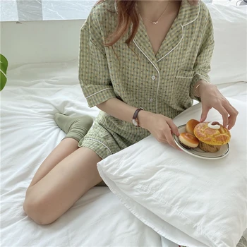 Kvetinový Tlač Letné Pyžamo Nastaviť Ženy Kórejský Vintage Domov Vyhovovali Sleepwear Bavlna Sladké Voľné Mäkké Domáce Oblečenie Lady 2021
