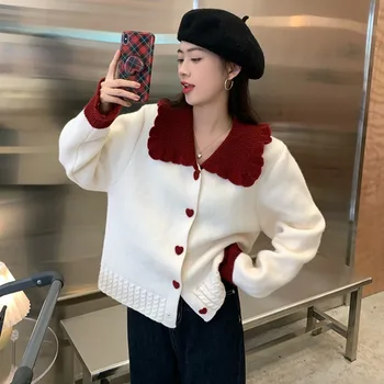 Kórejská verzia bábika golier sveter žien jeseň roku 2022 nový hit farba wild dlhým rukávom voľné krátke cardigan top trend