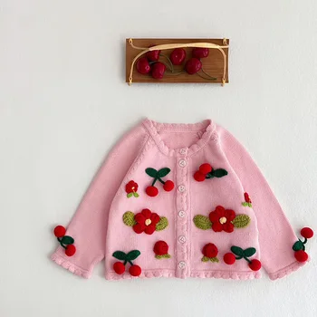 Kórejský Dievčatká Princezná Cardigan Dieťa Kvet Čerešne Výšivky Kabát Deti Pletené Outwear Toddle Roztomilý Oblečenie Knitwear