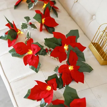 Led Vianočné Simulácia Poinsettia Garland Svetlo String Vianočný Strom Dekorácie Holly Leaf 2022 NewYear Domáce Dekorácie Svetla
