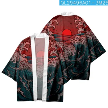 Letné Japonské Voľné Harajuku Vlna Červené Slnko Vytlačené Kimono Cardigan Ostrihané Nohavice Ženy Muži Cosplay Yukata
