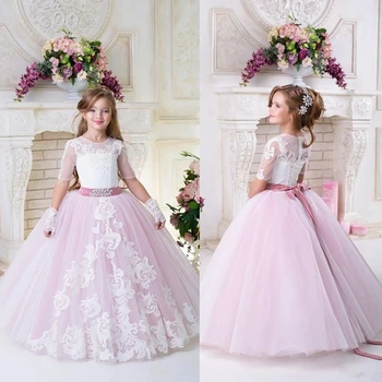 Luxusné Blush Pink Kvetina Dievča Šaty Vintage Tylu Dievča Narodeniny Čipky Appliqued Viazané Strany Sprievod Šaty Formálne na Svadbu