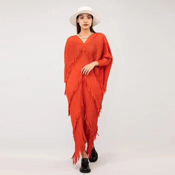 Miyake skladaný 2022 jar nové módne temperament strapec pás dámske šaty voľné tvaru dlhé sukne
