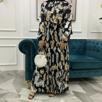 Nové Abaya Módne Dlhé Sukne Tlačených Skladané Kvet Handričkou Big Swing Sukne Moslimské Ženy Šaty Islamskej Etnických Ramadánu Spoločenské Šaty