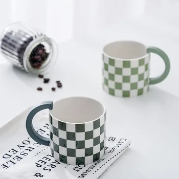 Osobné Jedinečný Dizajn Zelená Šachovnica, Porcelánové Hrnčeky Na Kávu Latte Cappuccino Ručné Elegantné Keramické Čajové Šálky Mlieka