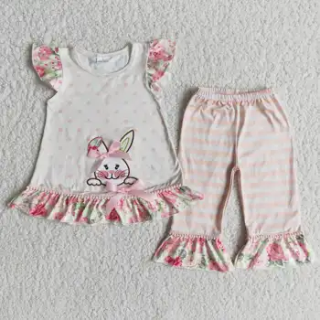 Roztomilý vyšívané králik luk dievčenské trendy jar-krátke rukávy oblečenie pre deti pruhované nohavice vysoko kvalitných deti nosenie