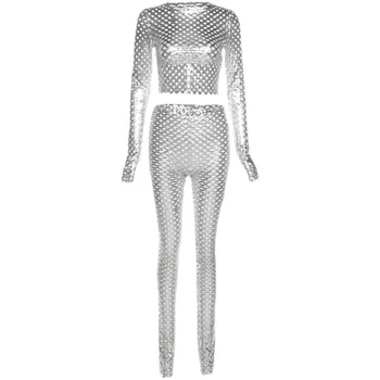 Svetlú Budúcnosť Technológie Čistého Striebra Sála Šaty Cyberpunk Duté Otvor Silver Top Slim Nohavice Nastaviť