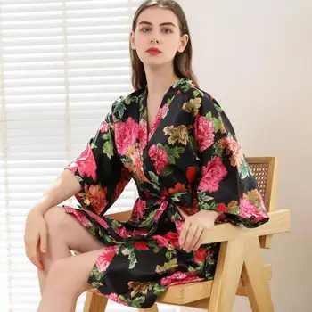Tlač Flower Šaty, Letné dámske Saténové Sleepwear Veľké Veľkosti Nightgown Sexy Intímne Bielizeň tvaru Voľné Kimono Šaty Kúpeľ