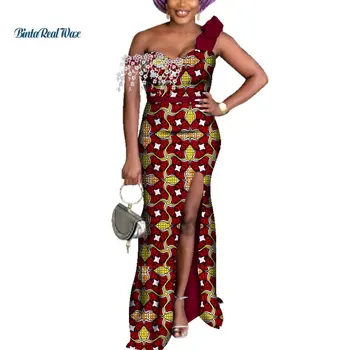 Tlač Strapec Dlhé Večerné Šaty Bazin Riche Afriky Šaty pre Ženy Dashiki Afriky Šaty Jedno Rameno Šaty WY3791