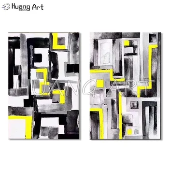 Umelec Ručne Maľované Vysoko Kvalitný Moderný Mriežky Abstraktné Plátno olejomaľba na Stenu Decor Žltá Sivá Čierna Abstraktné Maľby