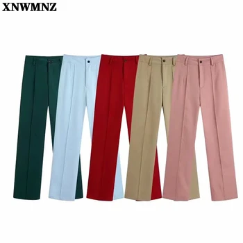 XNWMNZ 2021 Ženy Móda Office Nosenie Bočné Vrecká Rovné Nohavice Vintage Vysoký Pás Zips Lietať Ženské Nohavice Mujer