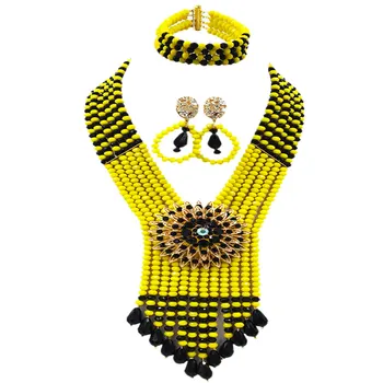 Čierna a Nepriehľadné Žltá Afriky Korálky Šperky Set Crystal Náhrdelník Náramok Náušnice Nigérijský Svadobné Doplnky Strany 6SDLS07